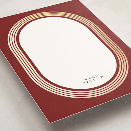 This is a cranberry personalized stationery thank you cards with foil pressed by Brittany Braithwaite called gilded ovals printing on signature in 5x7
