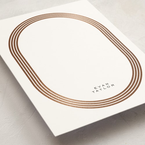 This is a caramel personalized stationery thank you cards with foil pressed by Brittany Braithwaite called gilded ovals printing on signature in 5x7