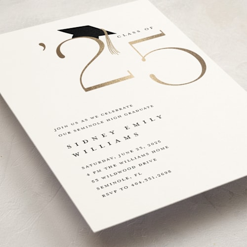 This is a cotton graduation invitations with foil pressed by Stacey Meacham called cap and year printing on signature in standard