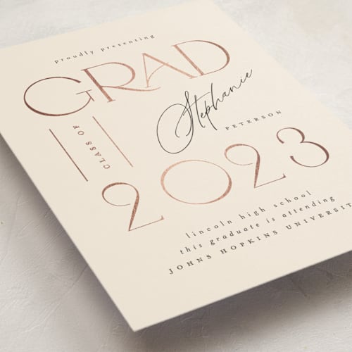 This is a cream graduation invitations with foil pressed by Ana de Sousa called cordially printing on signature in standard