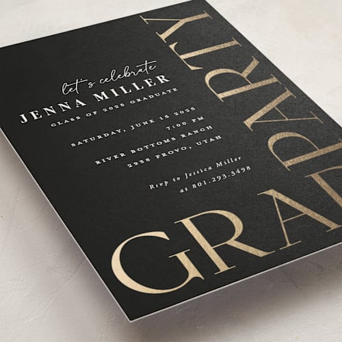 This is a onyx graduation invitations with foil pressed by Robert and Stella called monte carlo printing on signature in standard