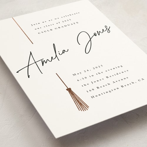 This is a pearl graduation invitations with foil pressed by Owl and Toad called written out printing on signature in standard