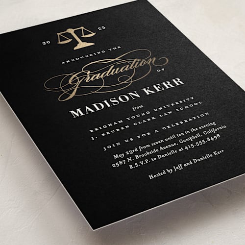 This is a ink graduation invitations with foil pressed by Jill Means called law degree printing on signature in standard