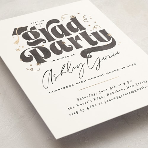 This is a cotton graduation invitations with foil pressed by Creo Study called grad party type printing on signature in standard