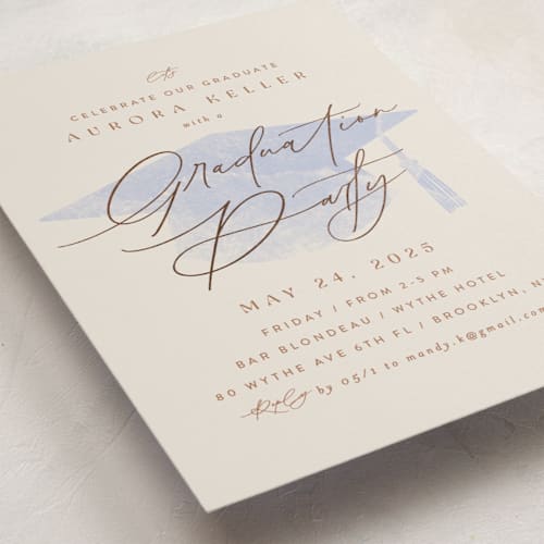 This is a sky graduation invitations with foil pressed by Ana Sharpe called epic grad party printing on signature in standard