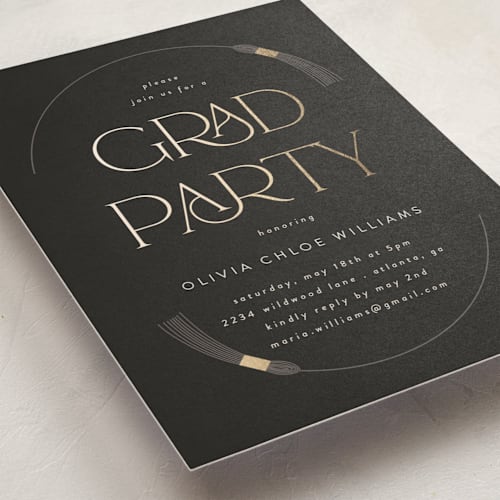 This is a midnight graduation invitations with foil pressed by Morgan Kendall called modern elegance printing on signature in standard