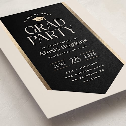 This is a onyx graduation invitations with foil pressed by Hooray Creative called graduation stole printing on signature in standard
