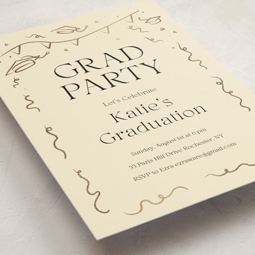 This is a ivory graduation invitations with foil pressed by Zove Ahhh called cheers to the grad printing on signature in standard