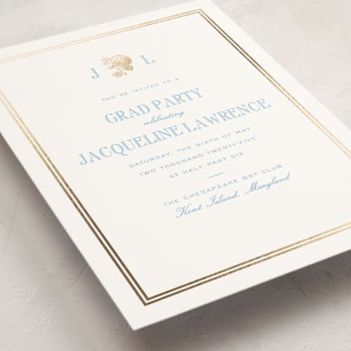 This is a sky blue graduation invitations with foil pressed by Megan Davis called cheseapeake printing on signature in standard