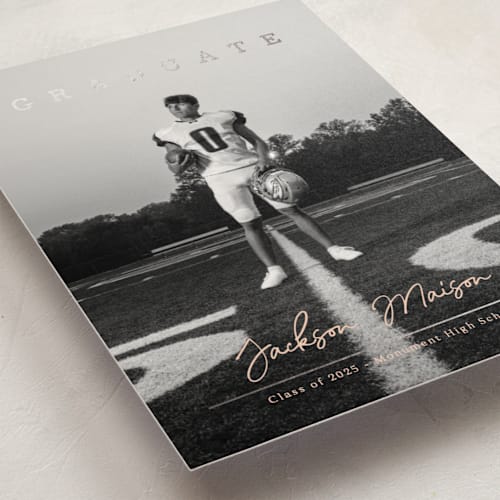 This is a rose graduation announcements with foil pressed by Kaydi Bishop called balance printing on signature in standard