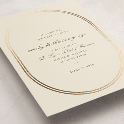 This is a strawberry graduation announcements with foil pressed by Megan Davis called bocce printing on signature in standard