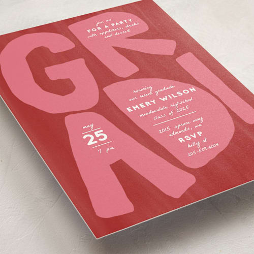 This is a ruby graduation invitations with standard by Erin Kessler called grad! printing on signature in standard