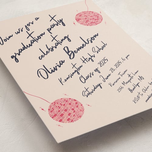 This is a fuchsia graduation invitations with standard by Sarah Rosenthal called sparkle and rhythm celebration printing on signature in standard