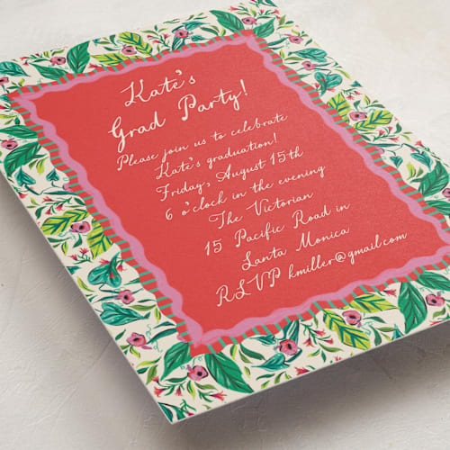 This is a peony graduation invitations with standard by Jackie Crawford called whimsical hand illustrated crest printing on signature in standard