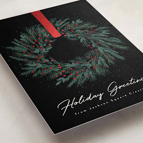 This is a onyx business holiday cards with foil pressed by Kacey Kendrick Wagner called holiday wreath printing on signature in standard