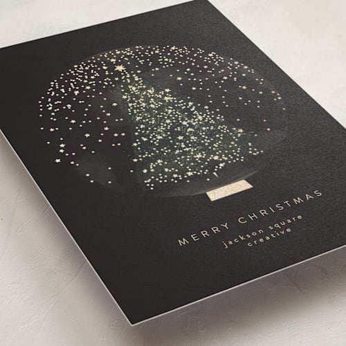 This is a midnight business holiday cards with foil pressed by Lori Wemple called christmas snowglobe printing on signature in standard