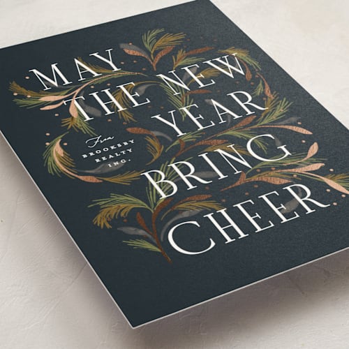 This is a navy business holiday cards with foil pressed by Erin L. Wilson called flora printing on signature in standard