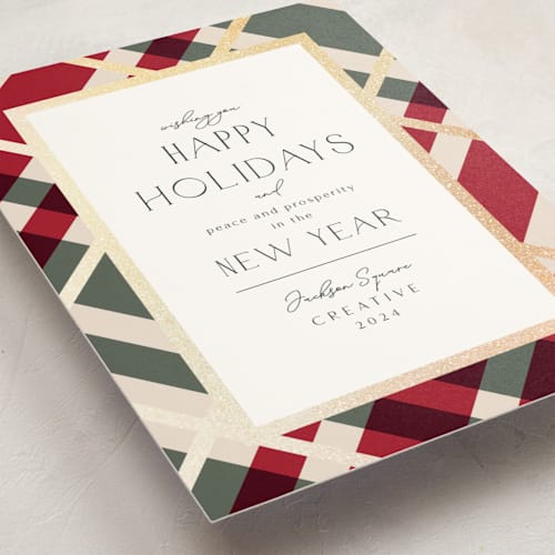 This is a berry business holiday cards with foil pressed by Chris Griffith called plaid suit holiday printing on signature in standard