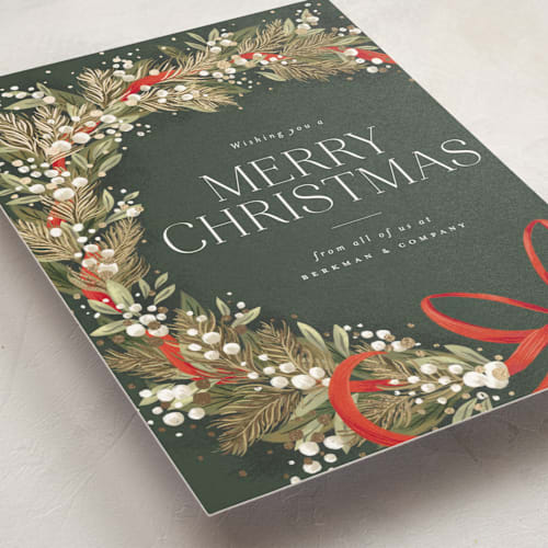 This is a wreath business holiday cards with foil pressed by Jackie Crawford called festive side ribbon wreath printing on signature in standard