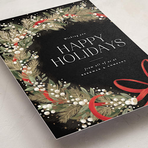 This is a coal business holiday cards with foil pressed by Jackie Crawford called festive side ribbon wreath printing on signature in standard