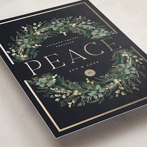 This is a juniper business holiday cards with foil pressed by Susan Moyal called peace on earth printing on signature in standard