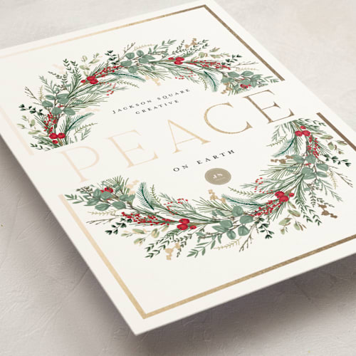 This is a candy cane business holiday cards with foil pressed by Susan Moyal called peace on earth printing on signature in standard