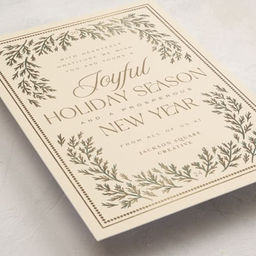 This is a eggnog business holiday cards with foil pressed by Erin German called pine border printing on signature in standard