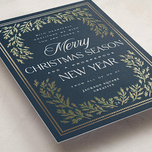 This is a winter night business holiday cards with foil pressed by Erin German called pine border printing on signature in standard