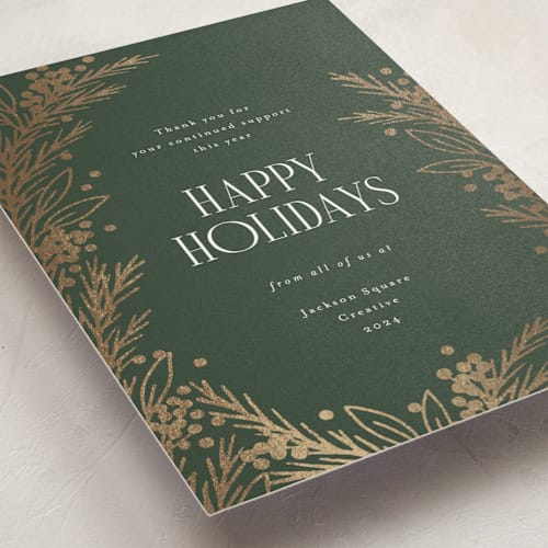 This is a forest business holiday cards with foil pressed by Michelle Taylor called gilded edge printing on signature in standard
