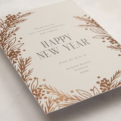 This is a oatmeal business holiday cards with foil pressed by Michelle Taylor called gilded edge printing on signature in standard