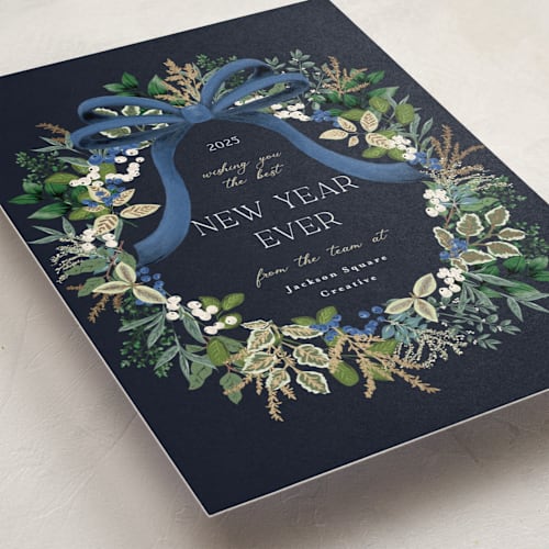 This is a blue spruce business holiday cards with foil pressed by Susan Moyal called holiday bow printing on signature in standard