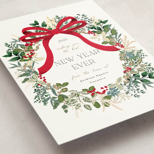 This is a candy cane business holiday cards with foil pressed by Susan Moyal called holiday bow printing on signature in standard