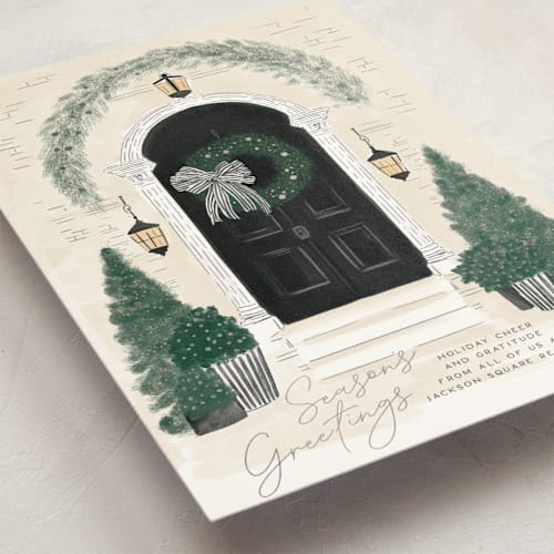 This is a noir business holiday cards with foil pressed by Jenna Holcomb called a door printing on signature in standard