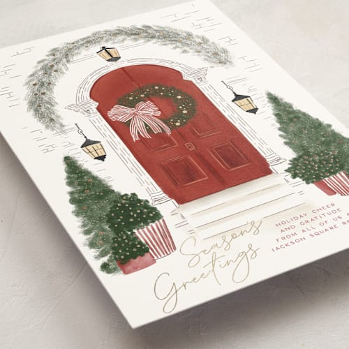 This is a holly berry business holiday cards with foil pressed by Jenna Holcomb called a door printing on signature in standard