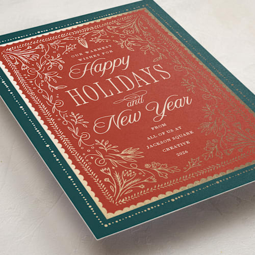 This is a poinsettia business holiday cards with foil pressed by Hannah Williams called gilded hand drawn frame printing on signature in standard