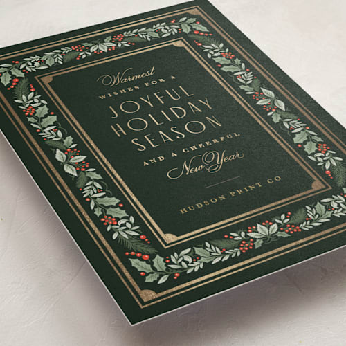 This is a evergreen business holiday cards with foil pressed by Kristen Smith called festive trim printing on signature in standard