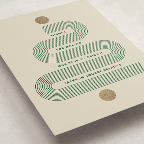This is a pine business holiday cards with foil pressed by Holly Whitcomb called bauhaus tree printing on signature in standard