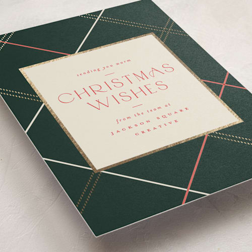This is a evergreen business holiday cards with foil pressed by Carolyn Nicks called minimal plaid printing on signature in standard