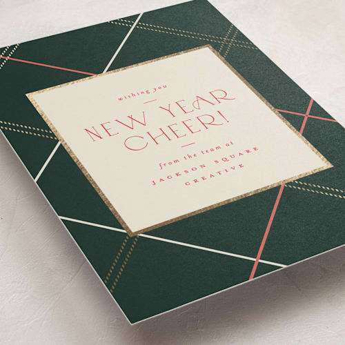 This is a evergreen business holiday cards with foil pressed by Carolyn Nicks called minimal plaid printing on signature in standard