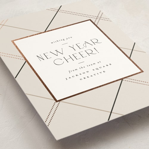 This is a latte business holiday cards with foil pressed by Carolyn Nicks called minimal plaid printing on signature in standard