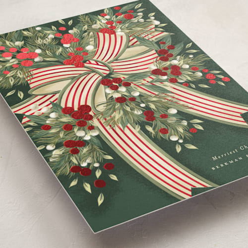 This is a forest business holiday cards with foil pressed by Jackie Crawford called ribbon bouquet printing on signature in standard