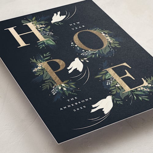 This is a winter foil pressed holiday cards with foil pressed by Susan Moyal called hope printing on signature in standard