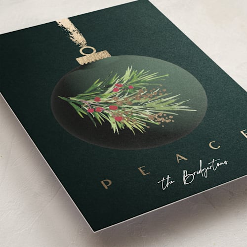 This is a forest foil pressed holiday cards with foil pressed by silverscreen studio called vintage bauble printing on signature in standard