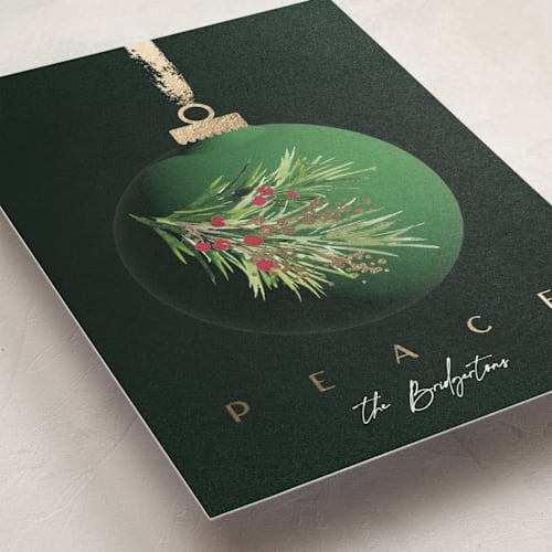 This is a emerald foil pressed holiday cards with foil pressed by silverscreen studio called vintage bauble printing on signature in standard