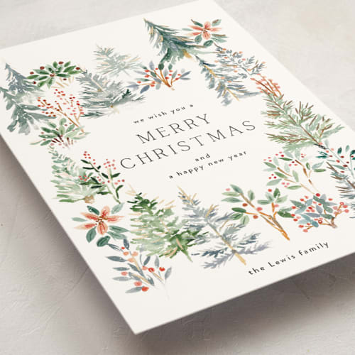 This is a wreath foil pressed holiday cards with foil pressed by Petra Kern called christmas arboretum printing on signature in standard