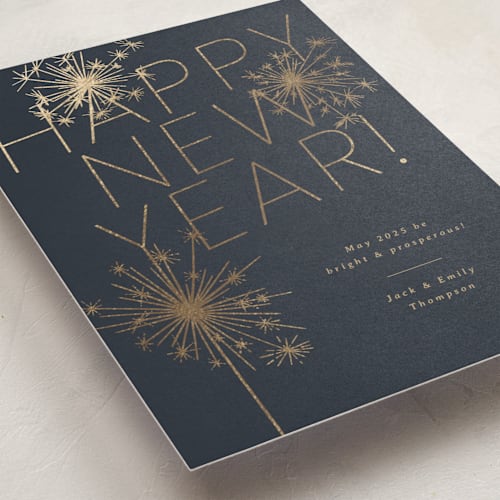 This is a midnight foil pressed holiday cards with foil pressed by Paula Pecevich called sparkling new year printing on signature in standard