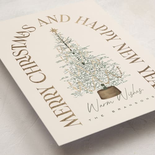This is a eggnog foil pressed holiday cards with foil pressed by Leah Bisch called festive tree printing on signature in standard