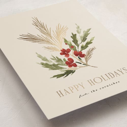 This is a toasted almond foil pressed holiday cards with foil pressed by Kate Ahn called simple sprig printing on signature in standard