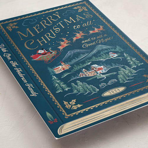 This is a night foil pressed holiday cards with foil pressed by Paper Sun Studio called the night before christmas printing on signature in standard