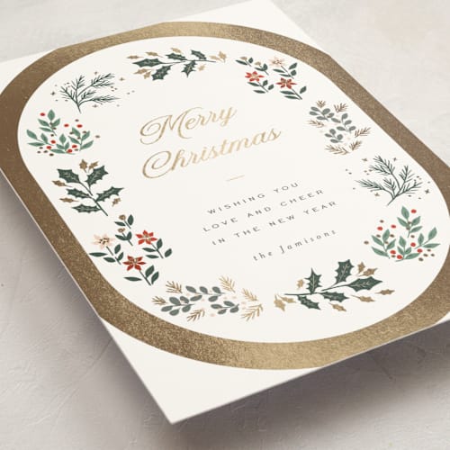 This is a snow foil pressed holiday cards with foil pressed by Rebecca Durflinger called folksy wreath printing on signature in standard